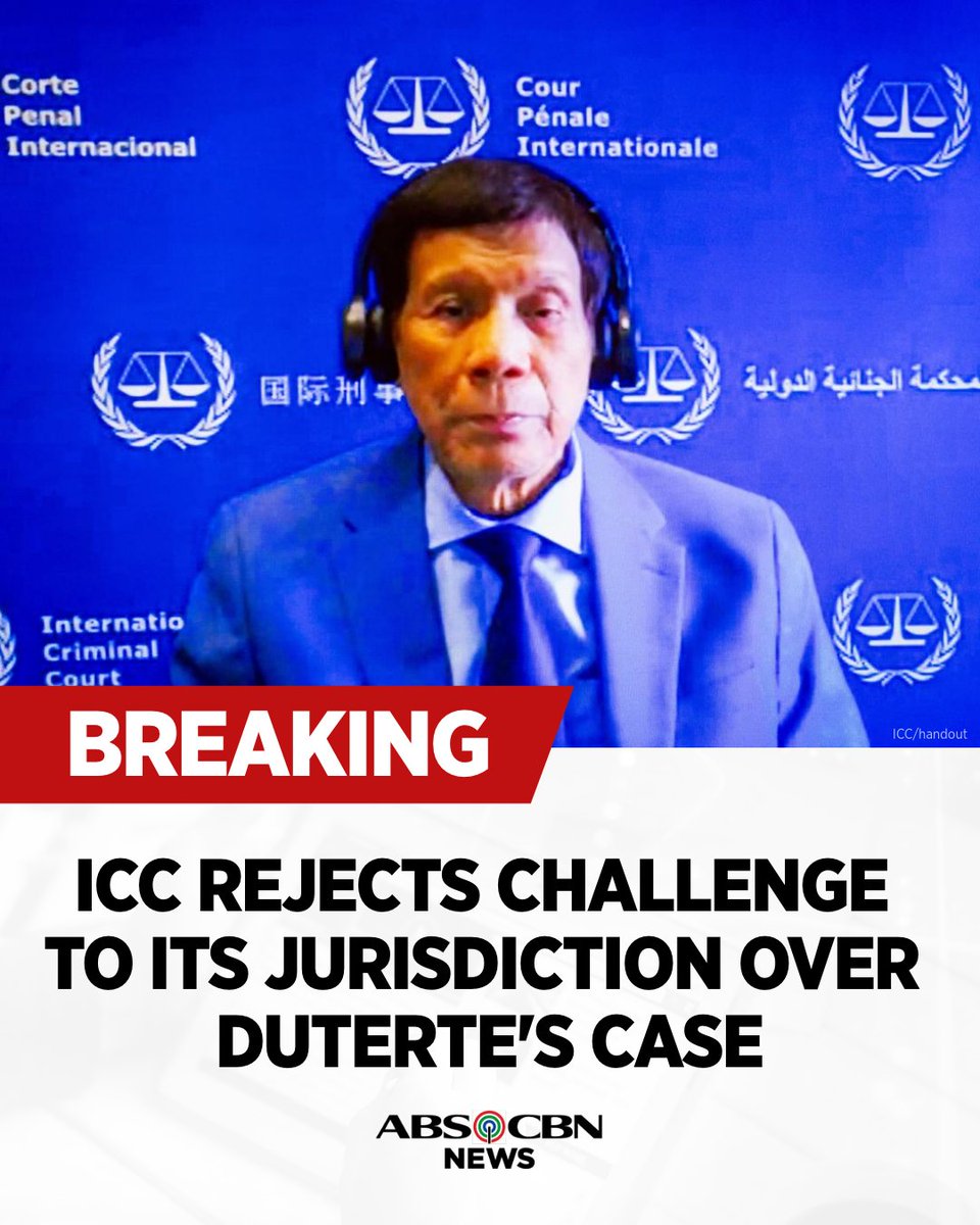 BREAKING: The International Criminal Court's Pre-Trial Chamber I dismissed the defense's challenge to its jurisdiction in the crimes against humanity case against former president Rodrigo Duterte.

The decision affirms the ICC's authority to prosecute the alleged crimes from the