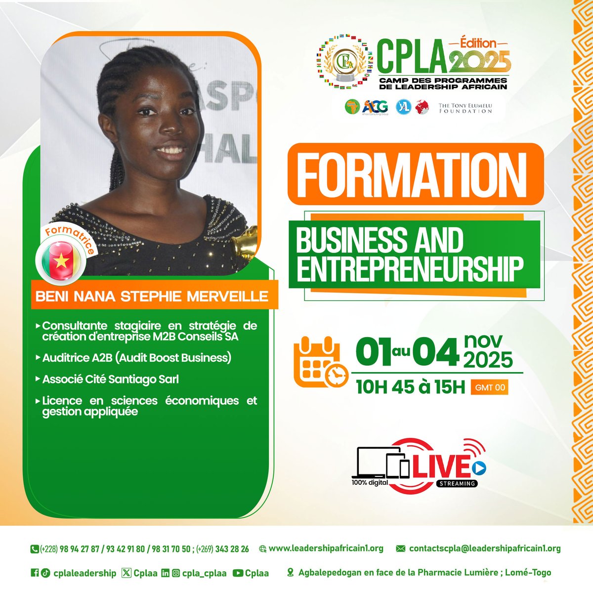 🇨🇲🇨🇲🇨🇲
Au CPLA 2025, nous avons le plaisir d’accueillir Beni Nana Stephie Merveille, jeune professionnelle engagée dans la stratégie de création d’entreprise et la gestion économique appliquée.

Cliquez sur le lien suivant lire sa biographie
      ⬇️⬇️⬇️
linkedin.com/feed/update/ur…