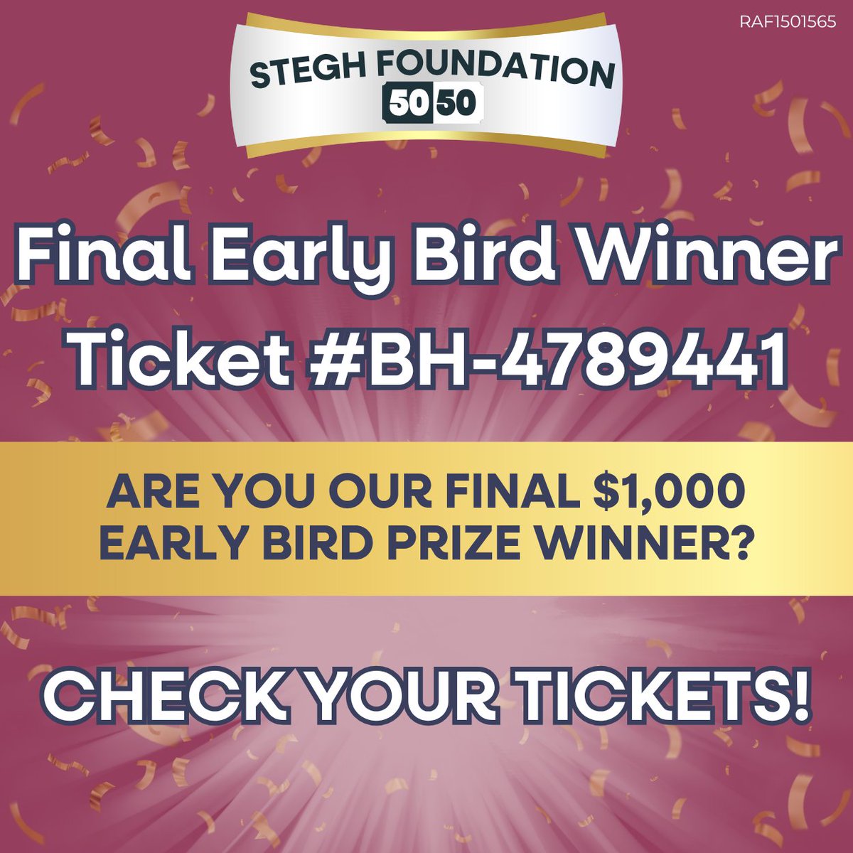 🏡 Our Early Bird winner wasn’t home — could it be you? 💵

🎟️ Winning Ticket #: BH-4789441

🎟️ Don't Miss your chance at the growing Jackpot - Now over $20K

🎟️ ow.ly/kM7C50XgZEZ

#STEGHFoundation5050 #STEGHFoundation #STEGH