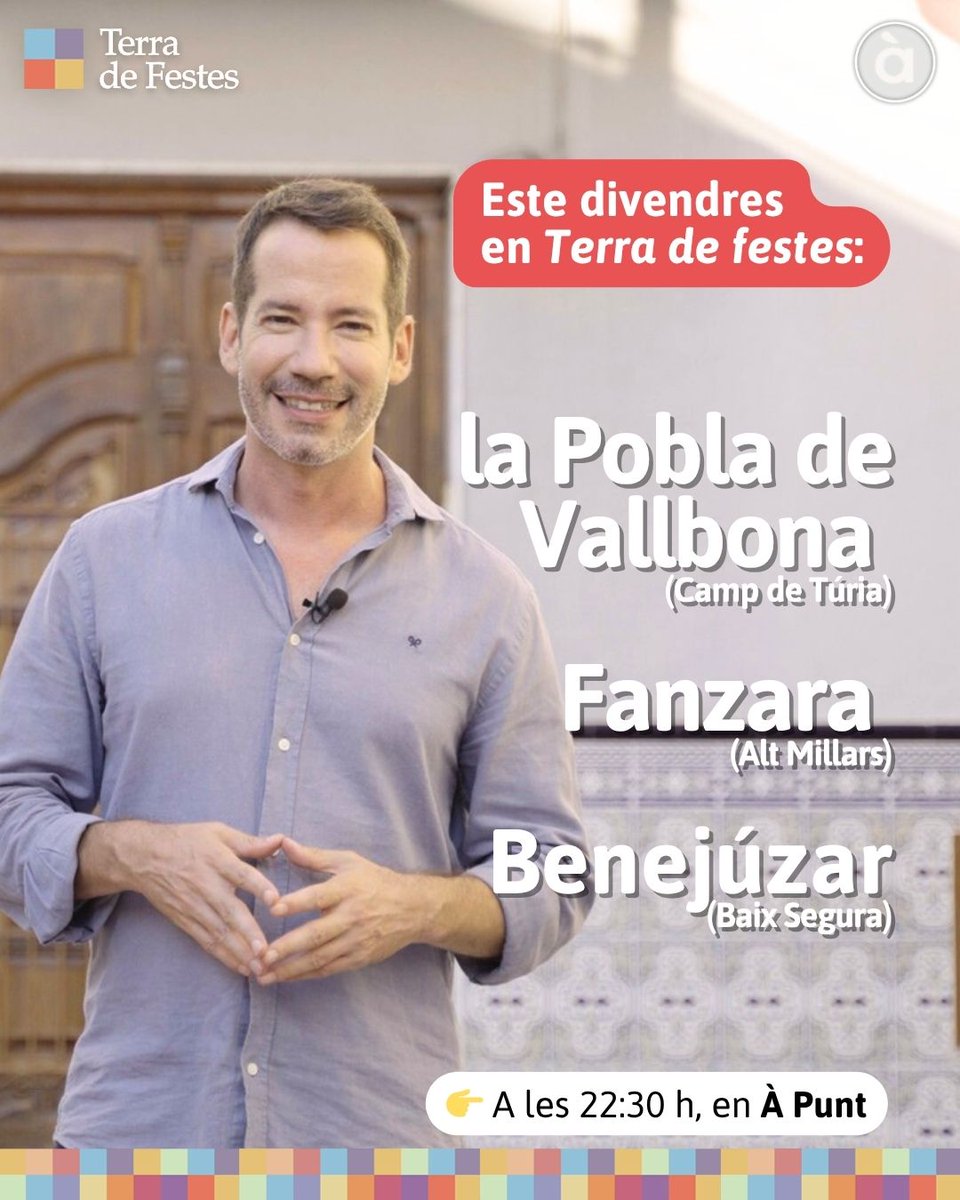 📺<a href="/terradefestes/">Terra De Festes</a>, el programa impulsat per À Punt, la <a href="/fvmpendirecto/">FVMP</a> i Presidència de la <a href="/generalitat/">Generalitat</a> visita esta setmana la Pobla de Vallbona (Camp de Túria), Fanzara (Alt Millars) i Benejúzar (Baix Segura).

📆Divendres, a les 22:30 hores, en À Punt.

apuntmedia.es/sala-de-premsa…