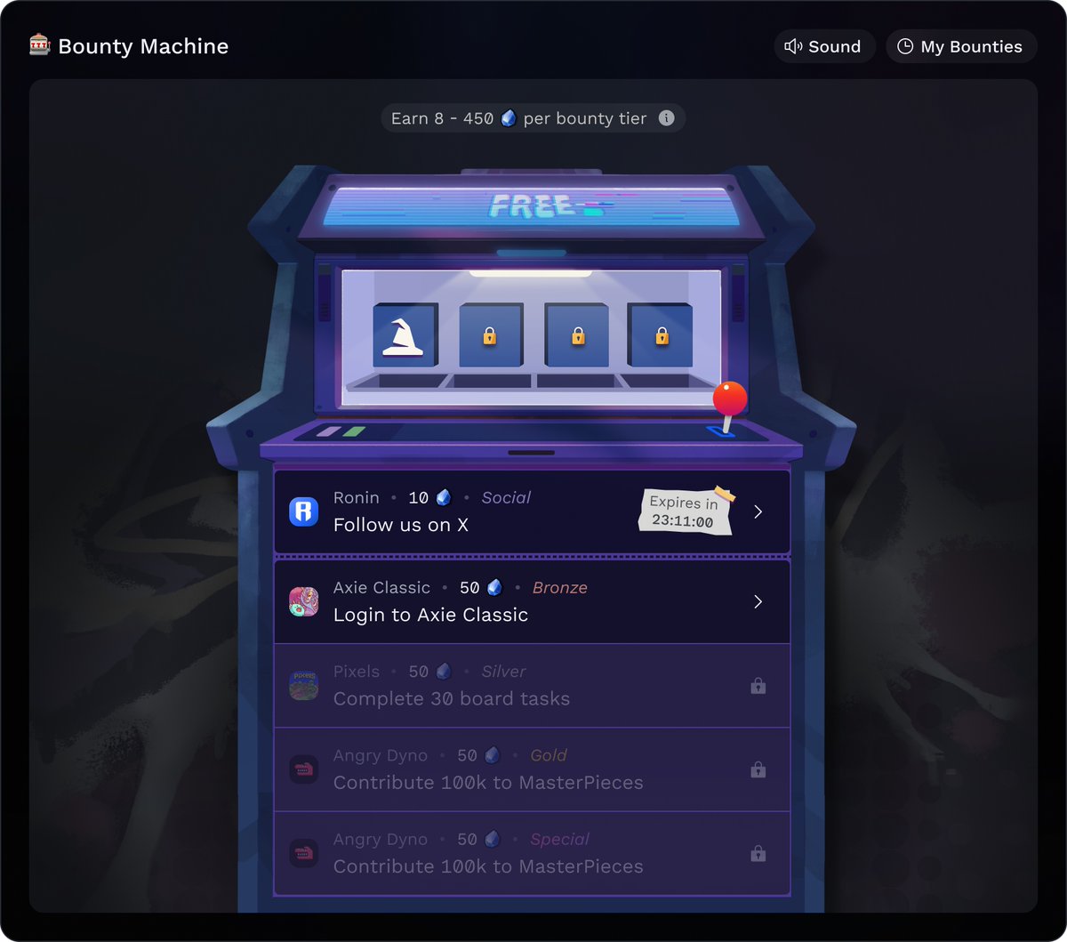 3/ Completing Quests in Ronin Arcade

Browse available quests on the Ronin Arcade machine.

This is where you’ll be able to earn the most Points.

Quests will guide you through the Ronin ecosystem, and you’ll earn points according to their tier:

• Free Social Quest: 5 Points