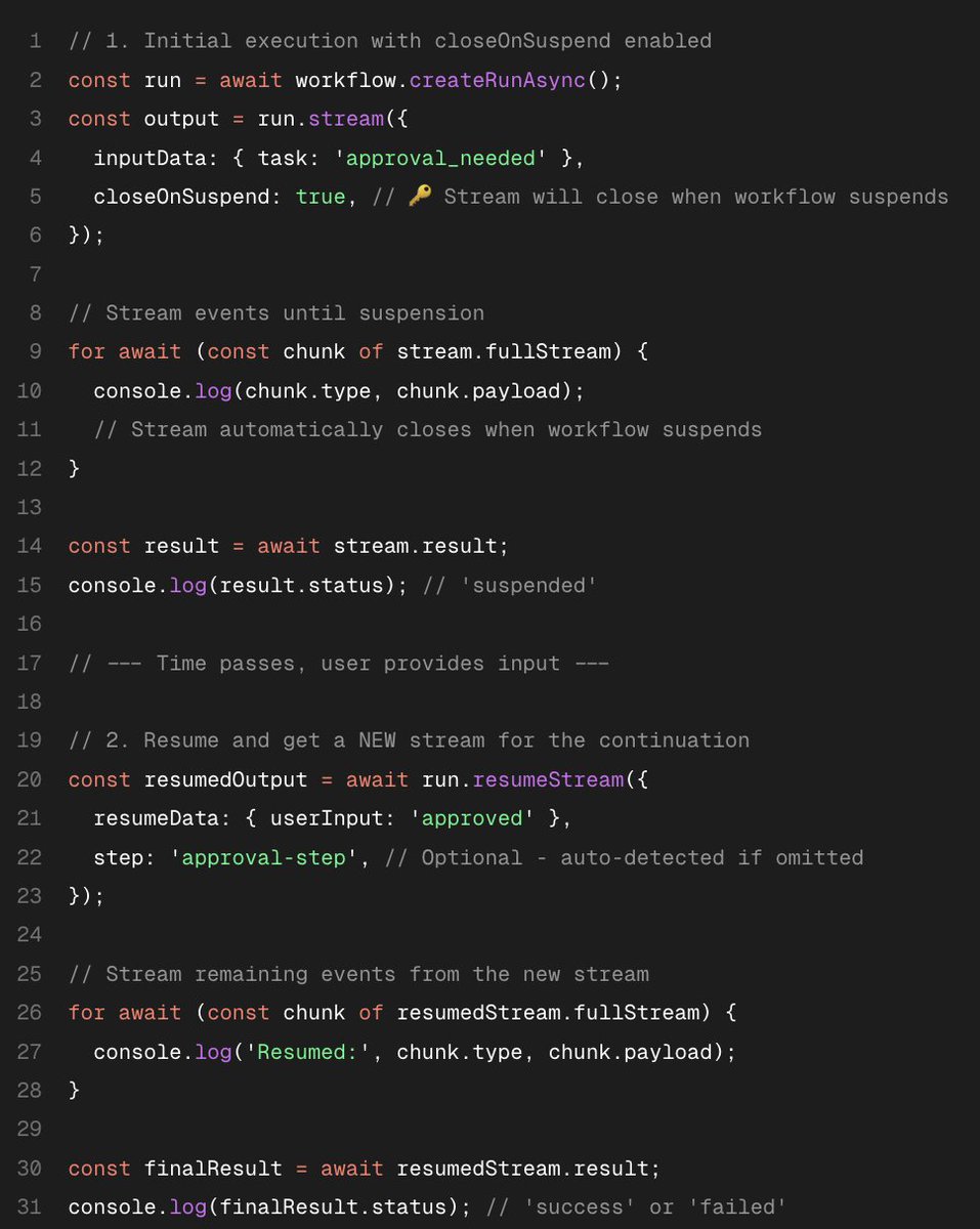 calcsam's tweet image. we also shipped an API for automatically closing streams when a workflow suspends, allowing them to be resumed later: