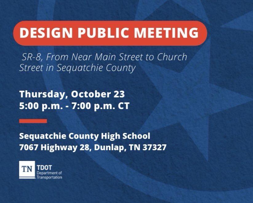 Rae Anne Bradley (@raeannetdot) on Twitter photo Join us tonight for our design public meeting to gather input on SR-8, from Near Main St. to Church St. in Sequatchie County. We hope to see you there! Join us tonight for our design public meeting to gather input on SR-8, from Near Main St. to Church St. in Sequatchie County. We hope to see you there!