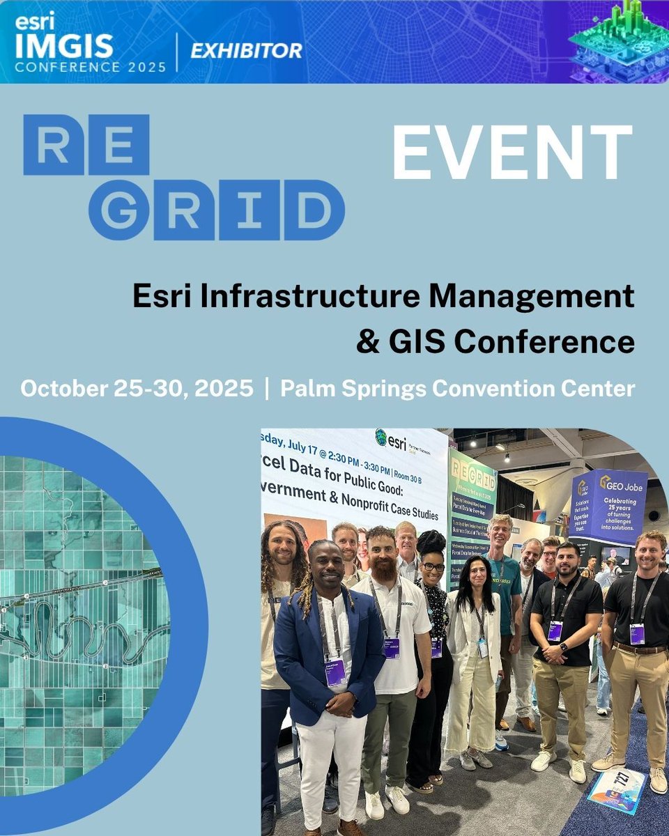 regridapp's tweet image. Regrid is headed to #esriimgis2025 next week - come and see us at Booth 150 to watch live demos, explore data and integration strategies, and think geospatial!

Headed there? We’d love to hear how you’re working and where we can help.

#Regrid #IMGIS2025 #GIS  #Esri