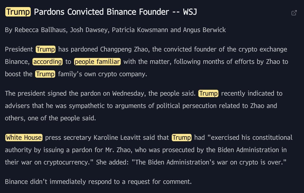 Cap. Ace McCloud (@allinargy) on Twitter photo *TRUMP INDULTA AL FUNDADOR CONDENADO DE BINANCE, CHANGPENG ZHAO: WSJ *TRUMP INDULTA AL FUNDADOR CONDENADO DE BINANCE, CHANGPENG ZHAO: WSJ