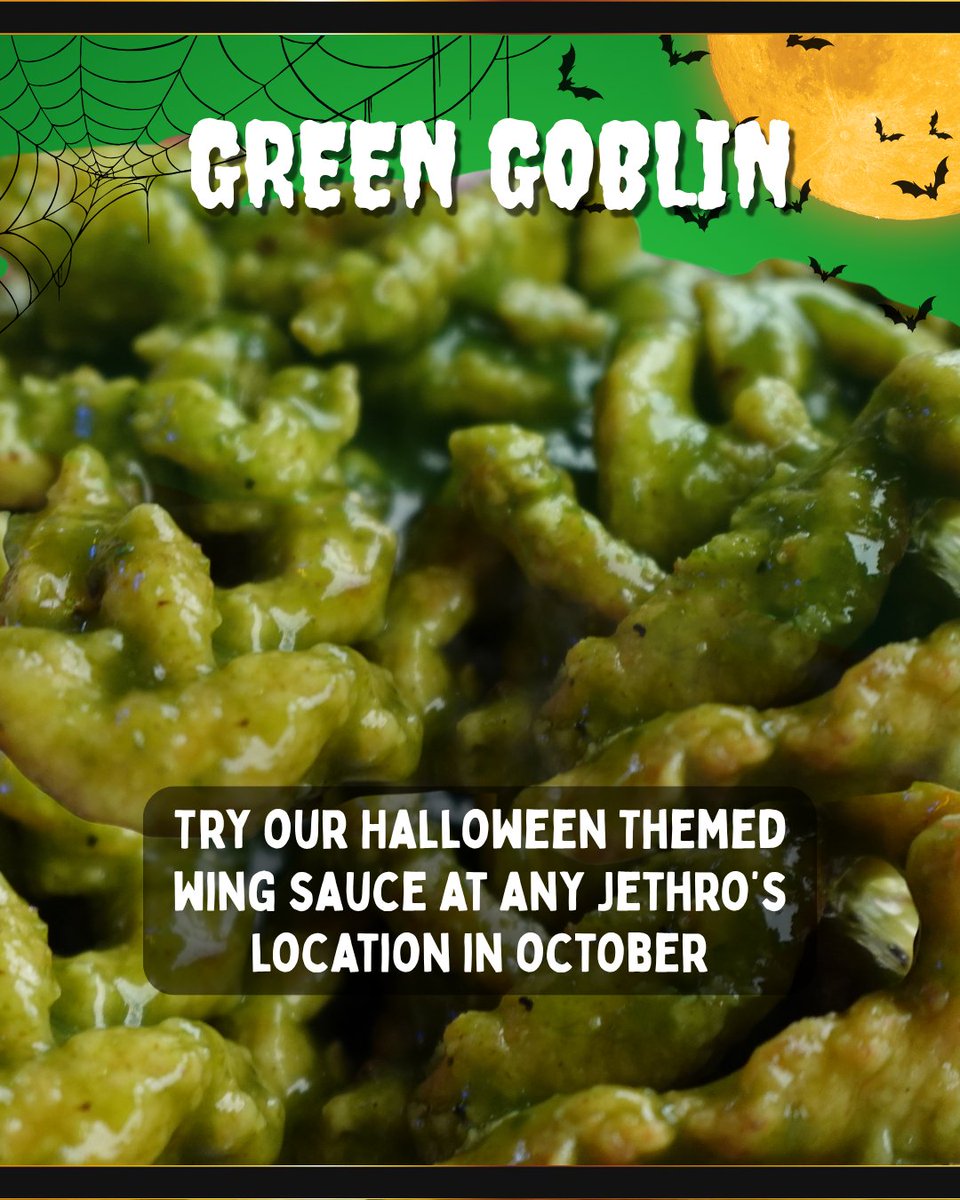 jethrosbbqdsm's tweet photo. It's Boneless Thursday, meaning $8 a pound of boneless wings! ๐ป
Try them tossed in our October sauce of the month: Green Goblin ๐
Spooky name. Serious flavor.
#SpookySzn #BonelessWings https://t.co/8lQF3SfFTM