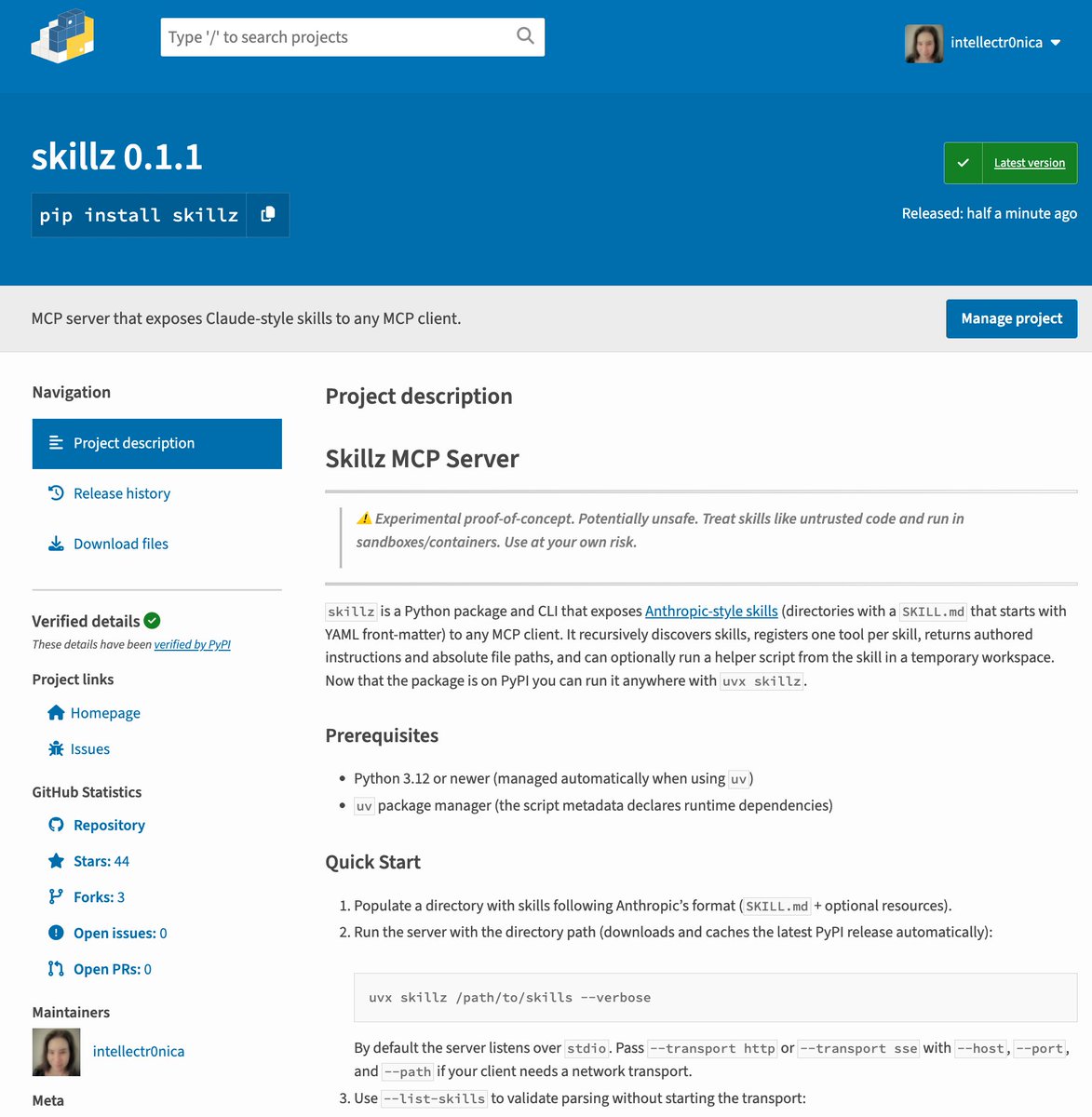 intellectronica's tweet image. Skillz is now available as a package on PyPI. Run it in your favourite MCP client as `uvx skillz /path/to/skills` and enjoy Claude-like skills with any agent. Still highly experimental. If you don't sandbox it will format your disk and leak your sikritz. pypi.org/project/skillz/