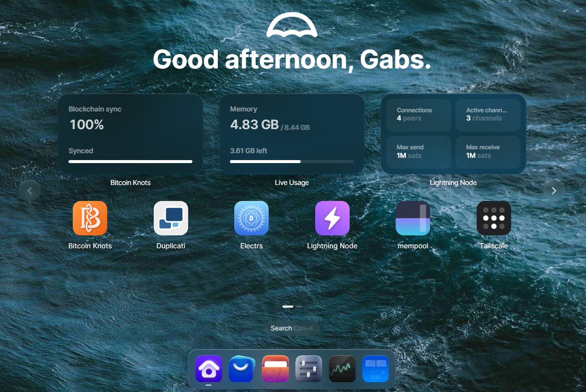 Gabs_787's tweet image. Configuration: #RaspberryPi5 8GB, 2TB SSD, active cooler, #UmbrelOS 1.5 Beta 2, #Knots, #Lightning ⚡️node, #ThunderHub, etc.