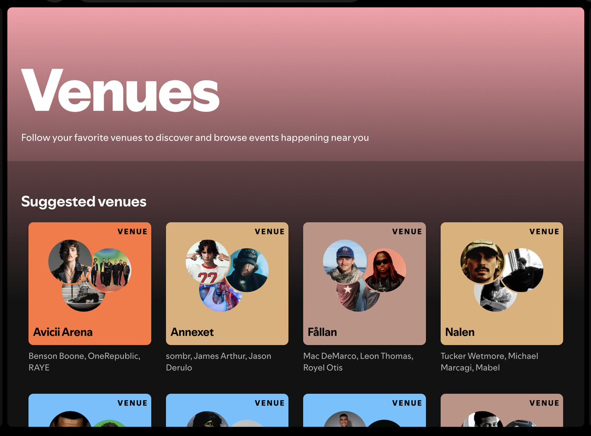 eldsjal's tweet image. This is a feature I’m really excited about. You can now follow your favorite music venues directly on Spotify to more easily find live shows near you. If you’re into concerts - definitely check this one out.