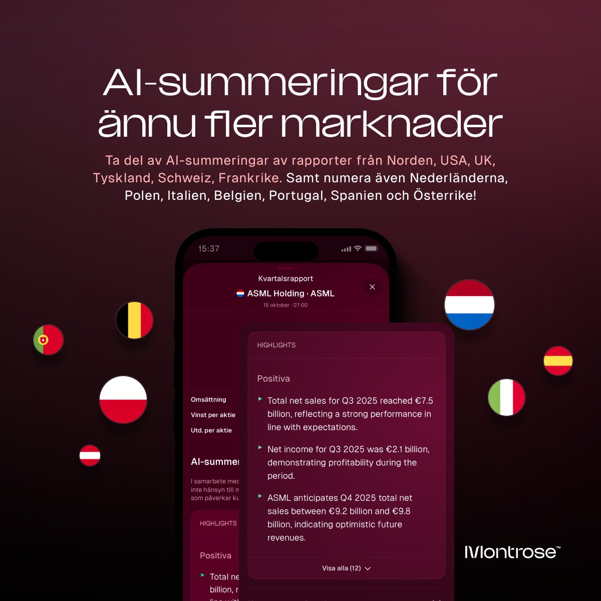 NYHET‼️🔥 Nu skeppar vi blixtsnabba AI-summeringar av bolagsrapporter på fler marknader. Numera kan du inom några minuter luta dig tillbaka och njuta av en delikat sammanfattning av ex. 🇳🇱ASML, 🇵🇱Dino Polska, 🇮🇹Moncler och 🇮🇹Ferrari 🤓🙌 #PrataPengar #Finanstwitter