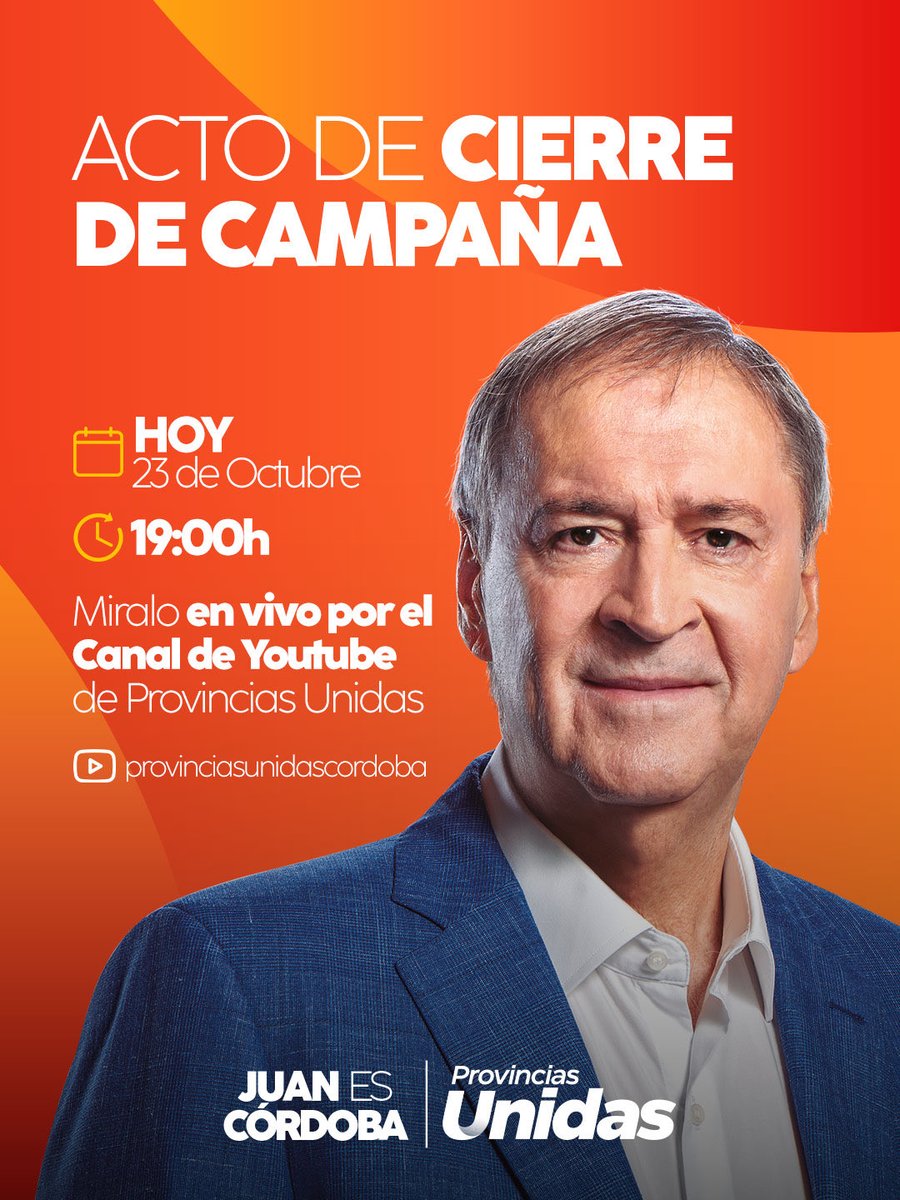 Juan Schiaretti (@jschiaretti) on Twitter photo Hoy tendremos un encuentro que nos llenará de energía para este último tramo de campaña.
Se viene un país con más trabajo y producción, con oportunidades reales y donde la industria nacional se priorice por sobre la especulación financiera.
Un país gobernado con diálogo, Hoy tendremos un encuentro que nos llenará de energía para este último tramo de campaña.
Se viene un país con más trabajo y producción, con oportunidades reales y donde la industria nacional se priorice por sobre la especulación financiera.
Un país gobernado con diálogo,