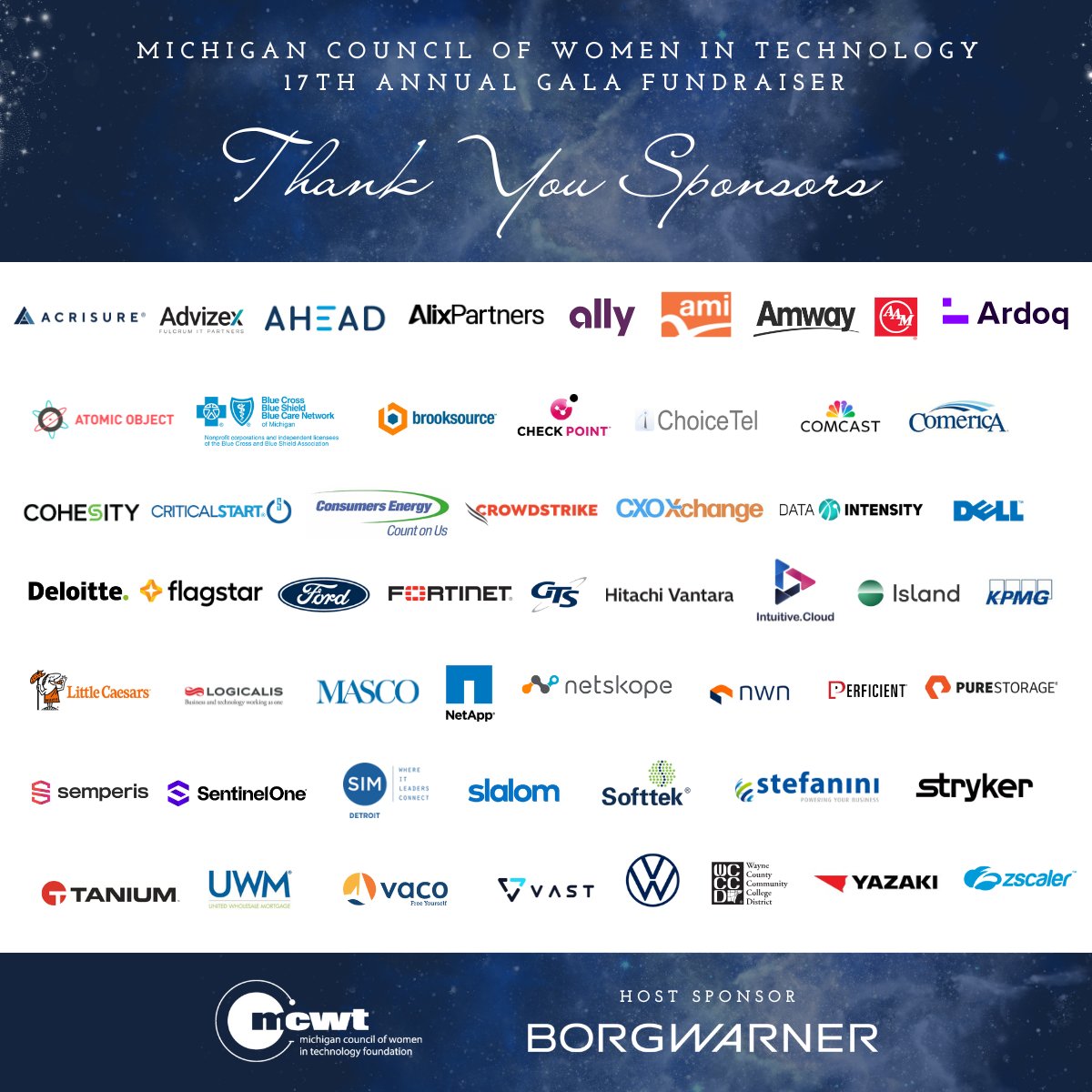 MCWT's tweet image. A huge thank you to our Gala sponsors for championing MCWT — helping MI become the #1 state for women in tech! 💙

🎟️ Individual tickets available until Fri, Oct 24 at noon. Don’t miss an evening of entertainment &amp;amp; empowerment! 
mcwt.app.neoncrm.com/np/clients/mcw…