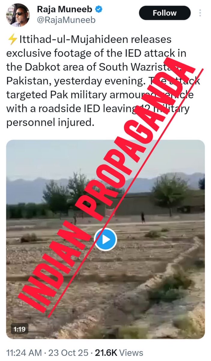 Azaad Fact Check has identified the spread of disinformation by an India-based X handle regarding false claims of an IED attack on Pakistani security forces in the Dabkot Wana area.

This news is completely false and fabricated, with multiple discrepancies in the released video