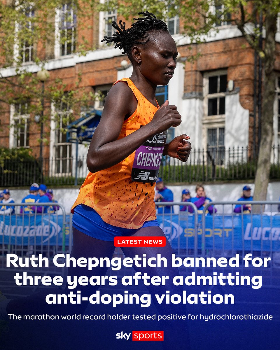 SkySportsNews's tweet photo. Kenya's women's marathon world record-holder Ruth Chepngetich has been banned for three years after she admitted to anti-doping rule violations.

Her 2:09:56 mark will still stand as it was set before her positive test. https://t.co/jfoVrBipT2