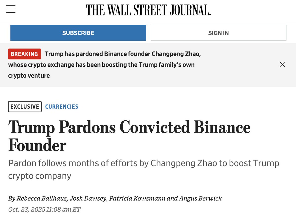 重磅！CZ获特朗普特赦，法律纠葛终划上句号。
 回顾关键节点：'23年认罪、'25年SEC“有偏见撤诉”。这不仅是个人的胜利，更是加密合规进程中的标志性事件。恭喜大表哥🎉 <a href="/cz_binance/">CZ 🔶 BNB</a>
