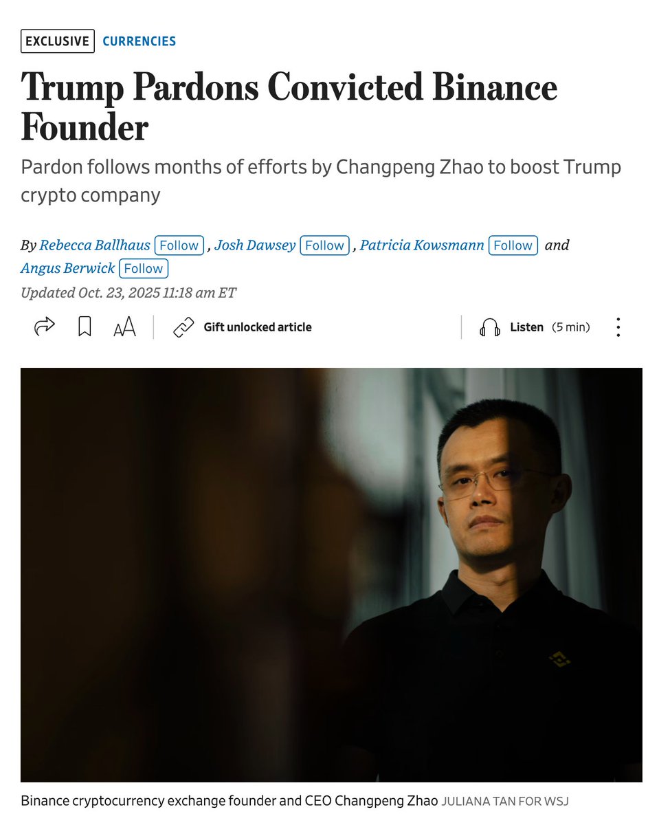 Molly White (@molly0xfff) on Twitter photo Donald Trump has pardoned Binance founder Changpeng Zhao. Binance has been a major supporter of Trump's crypto projects, and Trump has already made millions after Binance accepted a $2 billion investment from an Emirati fund denominated in the Trump family's USD1 stablecoin. Donald Trump has pardoned Binance founder Changpeng Zhao. Binance has been a major supporter of Trump's crypto projects, and Trump has already made millions after Binance accepted a $2 billion investment from an Emirati fund denominated in the Trump family's USD1 stablecoin.