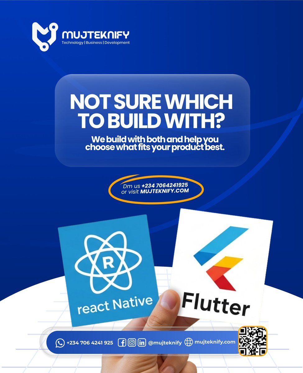 mujteknify's tweet image. Still debating React Native vs Flutter? 🤔
Both are powerful — your best choice depends on your product, timeline & budget.
At MUJTEKNIFY, we help you choose what fits your vision, then build it with excellence.
DM us to bring your app idea to life. 💡📱
#ReactNative #Flutter