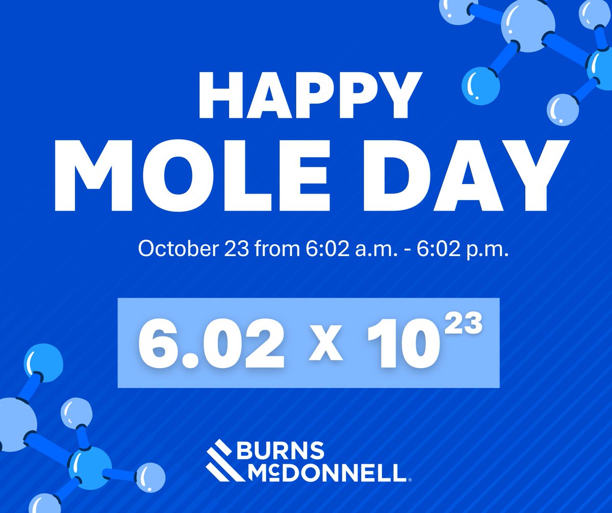 Burns & McDonnell STEM (@burnsmacstem) on Twitter photo 🧪 Happy Mole Day! From 6:02 a.m. to 6:02 p.m. today, we’re celebrating 6.02 × 10²³ reasons to love chemistry and support curious students mixing up experiments, chasing reactions and making STEM cool! 💥
#BurnsMacSTEM #MoleDay #STEMeducation #ScienceIsCool 🧪 Happy Mole Day! From 6:02 a.m. to 6:02 p.m. today, we’re celebrating 6.02 × 10²³ reasons to love chemistry and support curious students mixing up experiments, chasing reactions and making STEM cool! 💥
#BurnsMacSTEM #MoleDay #STEMeducation #ScienceIsCool