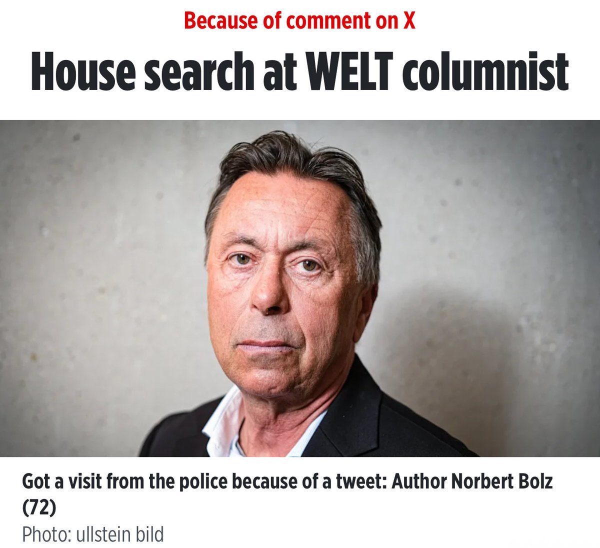🚨🇩🇪 HOUSE RAIDS FOR 𝕏 POSTS CONTINUE‼️

The police searched the home of WELT journalist Norbert Bolz - once considered MAINSTREAM MEDIA!

His CRlME: He compared wokeness to a NAZl slogan.

“Good translation of 'woke': ‘Germany awakes’”

If you call out the far Left for their