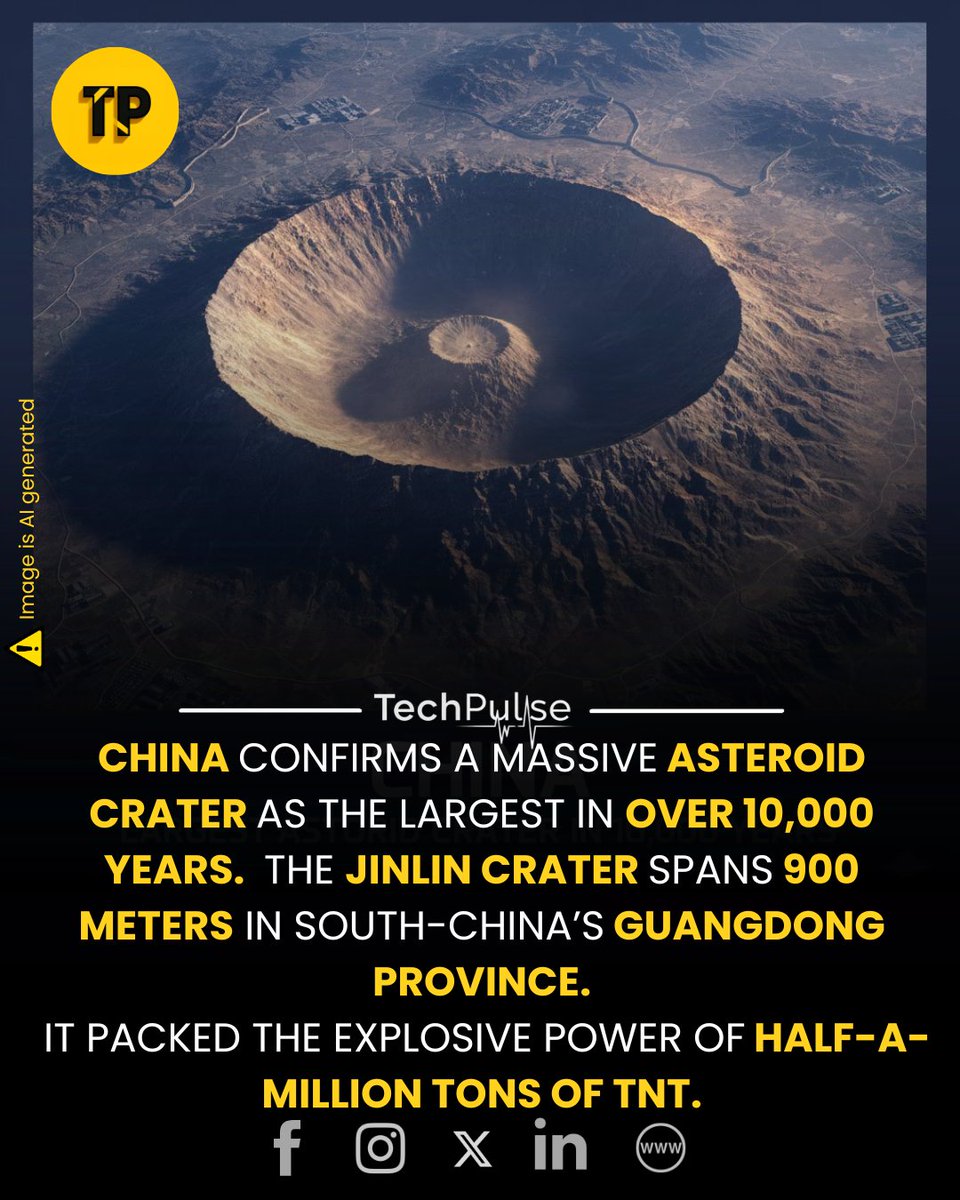 techpulse108's tweet image. Researchers at the China Academy of Engineering Physics (CAEP) have officially confirmed that the Jinlin Crater in Guangdong Province, is the largest known impact crater.

#JinlinCrater #AsteroidImpact #HoloceneCraters #GeologyFind #SpaceStrikesEarth #GuangdongScience