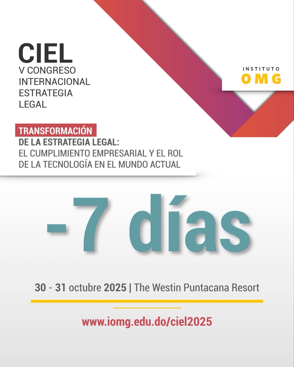 ¿Ya te registraste? Sólo quedan 7 días para #CIEL2025 🚀

¡Regístrate ya! 💻 iomg.edu.do/ciel2025

#CIEL #InstitutoOMG #IOMG #EstrategiaLegal