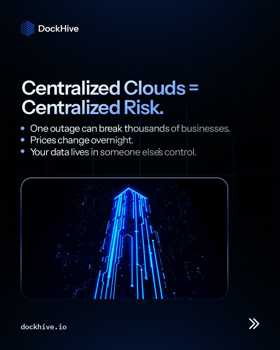 dockhive's tweet image. The internet was built to be open, not owned.
Centralized clouds = centralized risk.
One outage can break the world.
The future is decentralized compute.
Powered by everyone, owned by no one. dockhive.io
#DePIN #Web3 #DecentralizedCloud