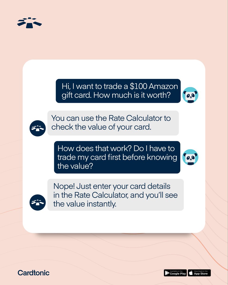 cardtonic's tweet photo. With this feature you can know your cardโs worth before you trade it.๐
Visit our website or download the Cardtonic app to give it a try now!
#Usecardtonic #Cardtoniclingo #Ratecalculator https://t.co/7BFW6nJhbn