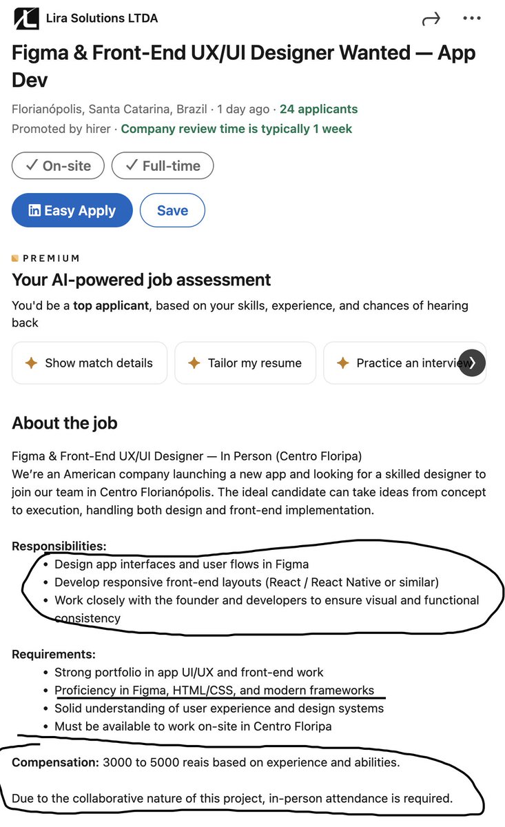 HBerthier's tweet image. Se isso aqui nao é Vagas Arrombadas do @vagasVTNC, não sei o que é. 
O cidadão tem que ser UX Designer, UI Designer e ainda tem que ser Front-End Dev em React... -&amp;gt; in-loco &amp;lt;- ... por TRÊS MIL REAIS. Mas espera, se for experiente... CINCO 👏 MIL 👏REAIS. Empresa AMERICANA.