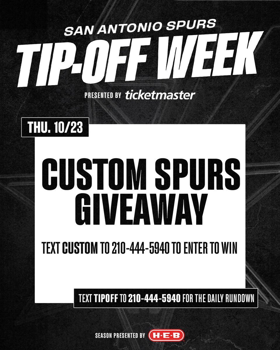 Tip-Off week continues with a custom Spurs giveaway today 👀

📲 Text CUSTOM to 210-444-5940 to enter to win!

@Ticketmaster | #sponsored 