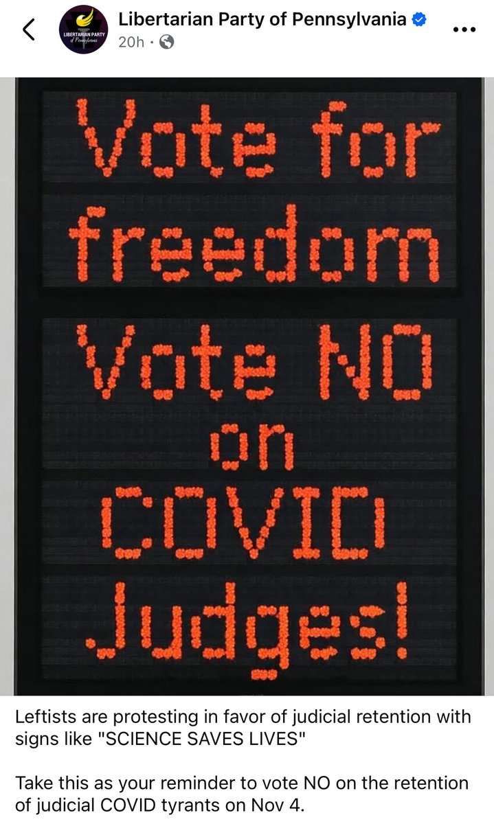 ScottPresler's tweet photo. WOW! 

The Libertarian Party of Pennsylvania is asking its voters to vote ❌NO to retention for Justices Wecht, Donohue, &amp; Dougherty. 

This is HUGE! 

To every registered Libertarian in Pennsylvania, these judges shut you down during COVID:

❌Wecht
❌DoNOhue
❌Dougherty https://t.co/tRJjuZwMSk