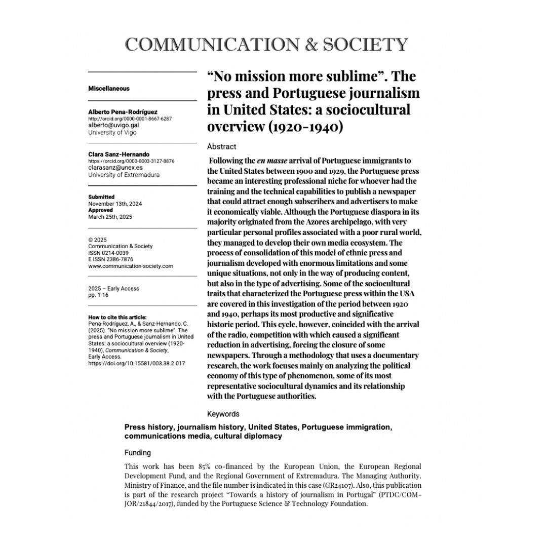JournalCommSoc's tweet photo. 📄”«No mission more sublime». The press and Portuguese journalism in United States: a sociocultural overview (1920-1940)” by  Alberto Pena-Rodríguez &amp; @Cshernando.

🔍https://t.co/NkZSIzEZJn

#OpenAccess #Communication #Academic #Journalism #Newspaper #Immigration #Portugal #USA https://t.co/0ljfkiCaMI