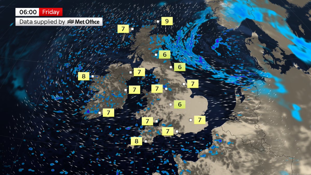 Many eastern parts will be dry tonight, but rain will clip parts of the northeast. Elsewhere, showers are likely, some heavy. It'll turn chilly under clear skies, but the strength of the wind will limit any frost.  news.sky.com/weather