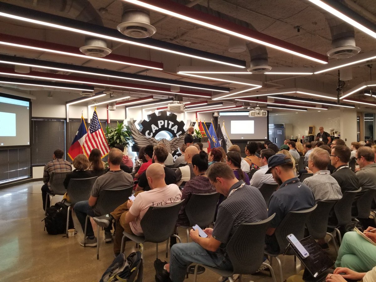 Chris___Lopez's tweet photo. My 1st workshop 4 the day is on "The #Austin #AI accelerator, mastery in 45 mins". They showed some demos on use of actors, custom prompts 4 actions, &amp; how #software is becoming personal. A packed rm shows the demand 2 learn new tools that R available.
#AustinTechWeek #Austin https://t.co/8DKdyznlKr