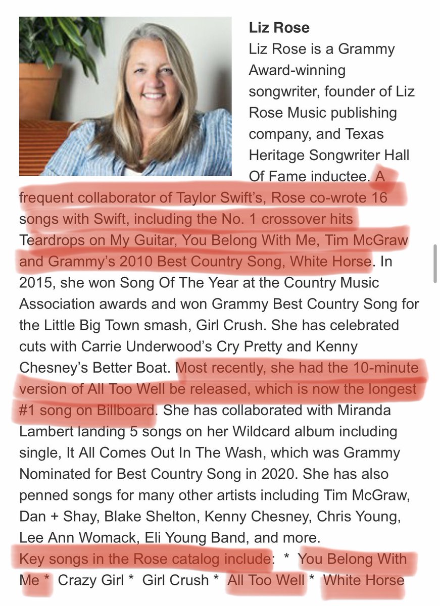 cemetrygate's tweet image. o maior indicativo da vitória da taylor pra mim:
a liz rose, co-compositora da taylor, entrou no hall em 2023. você entra no próprio site deles e citam all too well, you belong with me e white horse como principais composições dela