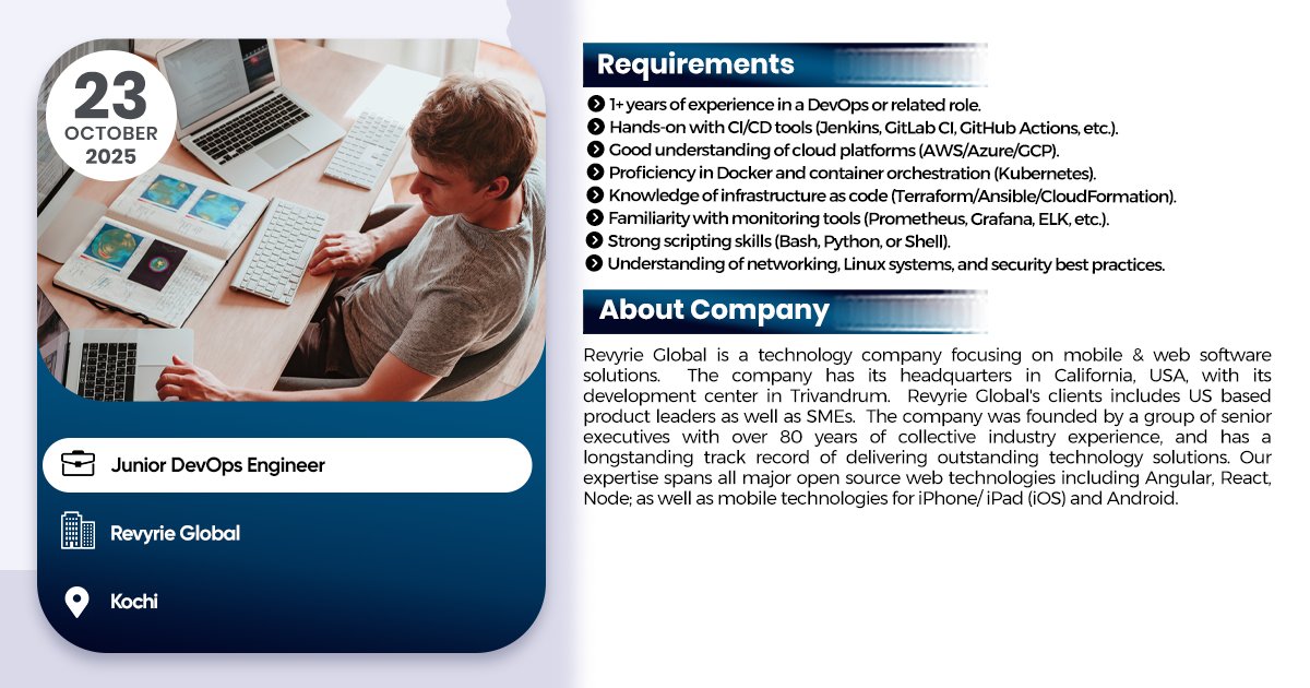 linuxgroup's tweet image. Junior DevOps Engineer Job #1networksupportengineer #Jobsearch #JobAlert #jobvacancy #ipsrjobs #jobs2025 #ipsr #25yearsofipsr #careeropportunity #ltjobs #MNCJobs #techcelerating_careers #devops #AWS #vacancy