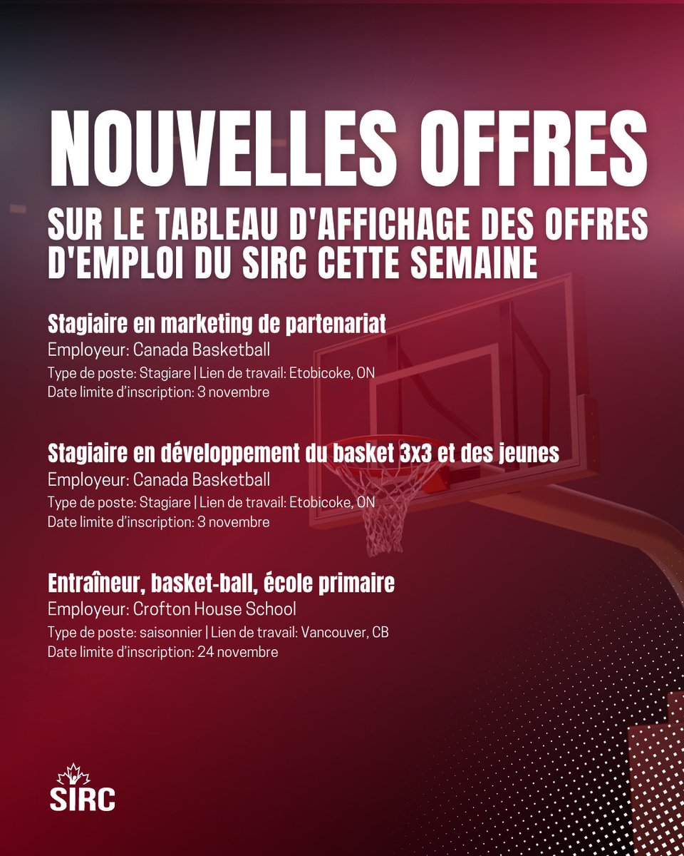 🏀 Prêt à tenter votre chance dans une carrière dans le basket-ball ? Nous ne manquerons pas de consulter les nouvelles offres d'emploi de cette semaine sur le tableau d'affichage des offres d'emploi du SIRC ! Postulez dès maintenant 👉 sirc.ca/fr/careers/