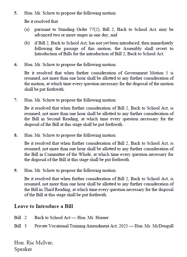 aasingleton17's tweet image. The "Back to School" Act is already on the order paper for #ableg along with motions to limit debate at all stages of reading.