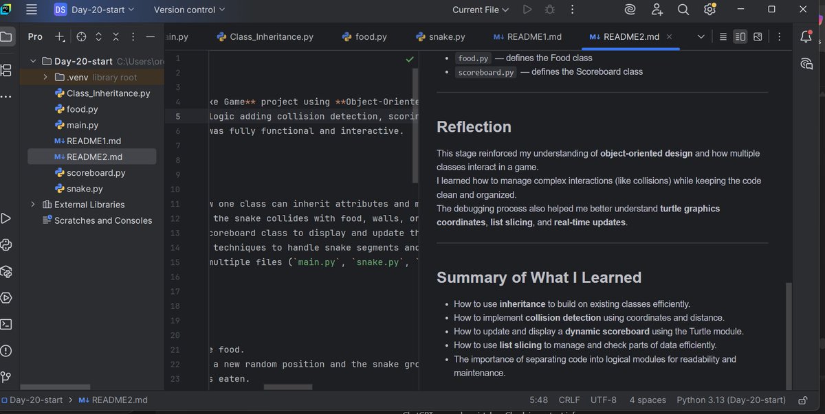 loveezeal's tweet image. Day 21 of #100DaysOfCode
Built a dynamic scoreboard that keeps track of my wins
Taught my snake to detect food, walls, and even its own tail
Learned how class inheritance keeps my code clean and powerful
Used list slicing like a pro to make movements smoother #Python #Coding