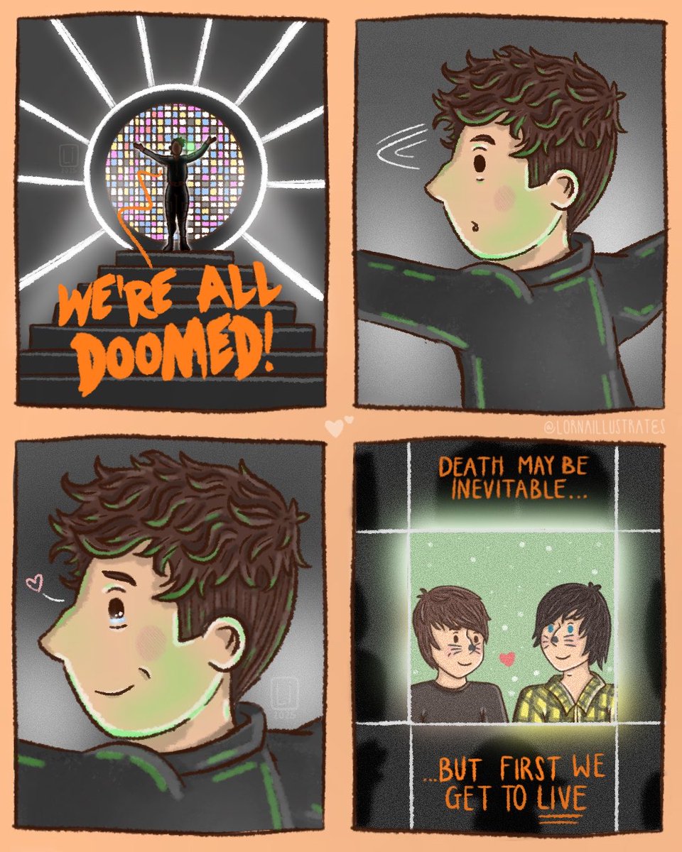 lornadraws's tweet image. Death maybe inevitable…but first we get to live 🧡
Doomed: Day 23 of #Phantober25 ✨
🏷️ #danandphil #phanart #phandom