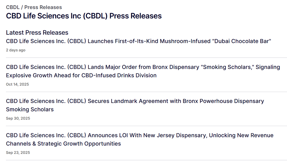 CrusaderStocks's tweet photo. $CBDL CBD Life Sciences Inc (CBDL) Press Releases @hedgestreetcap @CBDL_StockOTC @o_otcmprofiler https://t.co/TUlThOeDwP #marketactivity https://t.co/E9E4GoD5U8