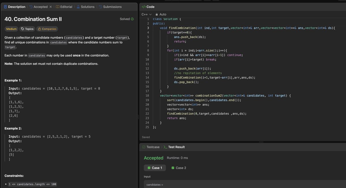 Rohan_269's tweet image. Day 73/200: Solved-“Combination Sum II” 🎯
Used backtracking in C++ to find all unique combinations that sum up to the target.
Handled duplicates by sorting and skipping repeated elements smartly! 💡
#200DaysOfCode #LeetCode #Day73 #CodingChallenge #strivers #A2ZDsa