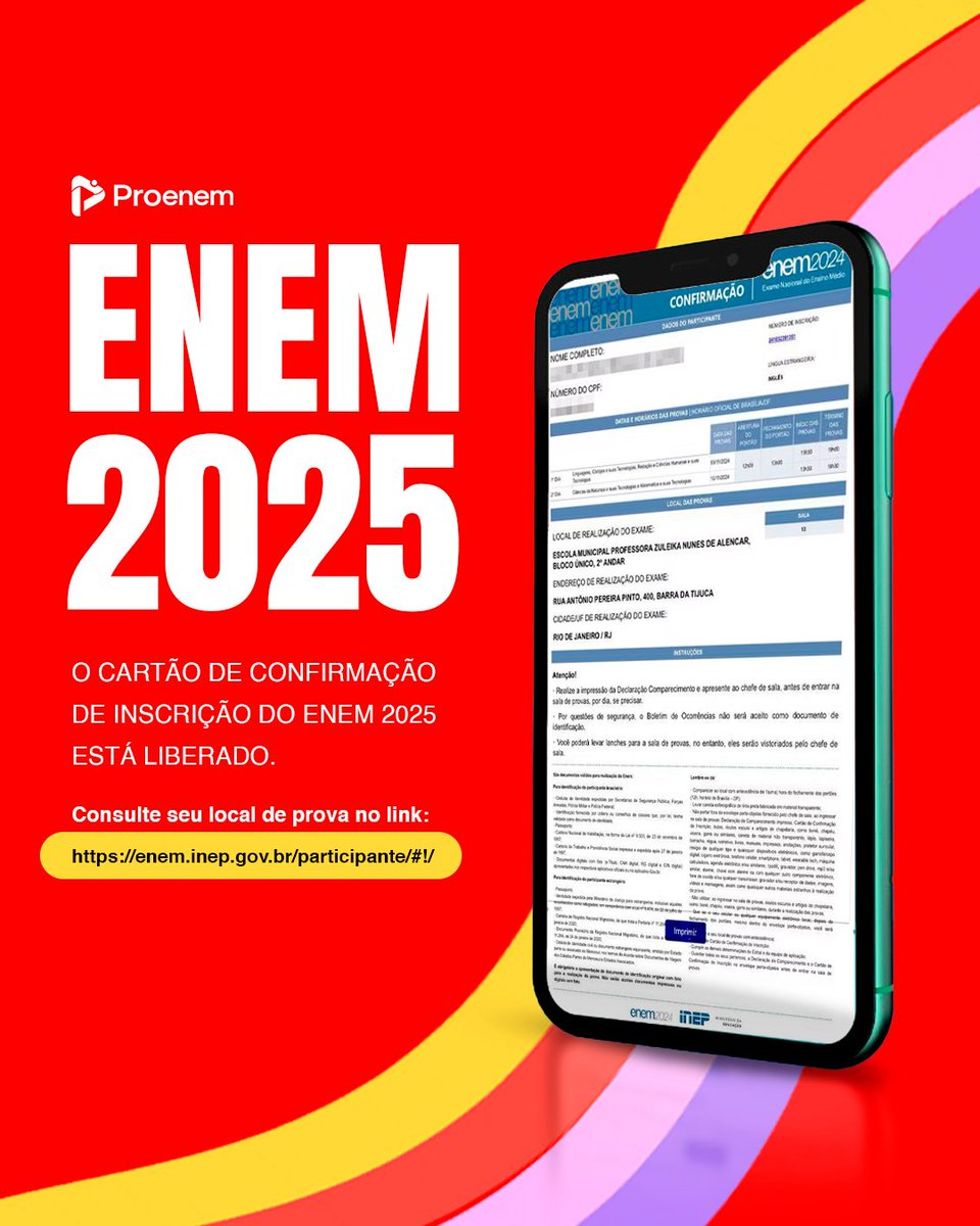 Finalmente chegou a hora, ProAluno(a)!🙌

O INEP acaba de liberar o Cartão de Confirmação de Inscrição do Enem 2025. 

O documento traz informações sobre o número de inscrição, a data, o horário e o local de aplicação da prova.
Acesse aqui: enem.inep.gov.br/participante/