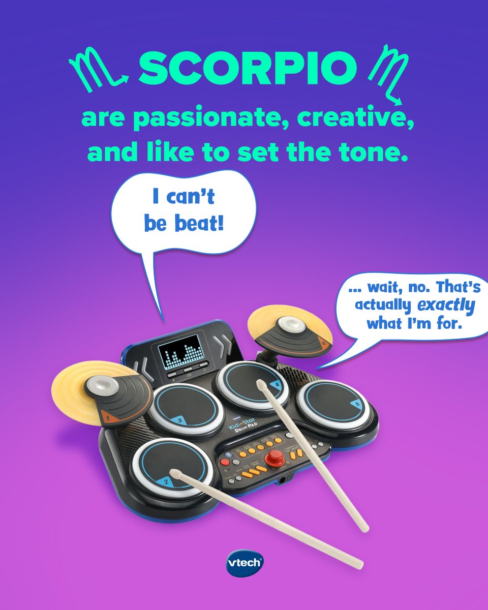 It's officially Scorpio Season ♏️
Kidi Star Drum Pad is all about being passionate and creative, just... they'd love it if you match their tempo. 🥁

🥁🥁🥁
♏️♏️♏️
✨🦂🌙

#VTechToys #ItsMoreThanAToy #Scorpio #ScorpioSeason