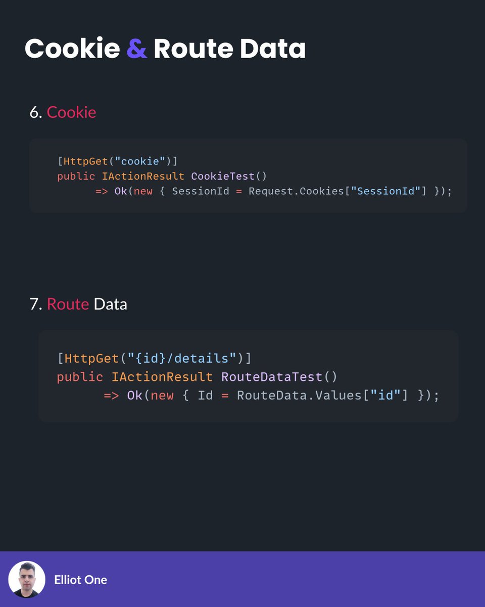 elliot1one's tweet image. Passing parameters correctly is key to building clean .NET APIs:

Path / Query / Header / Body / Form / Cookies / Route / DI

Use the right type for IDs, filters, authentication, files, sessions, and configuration.

#dotnet #cleancode #tech