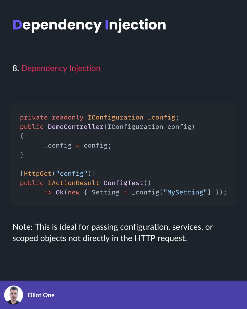 elliot1one's tweet image. Passing parameters correctly is key to building clean .NET APIs:

Path / Query / Header / Body / Form / Cookies / Route / DI

Use the right type for IDs, filters, authentication, files, sessions, and configuration.

#dotnet #cleancode #tech