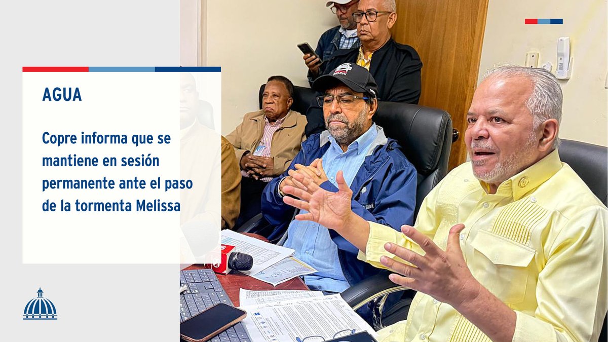 El director del @IndrhiRD, <a href="/Olmedo_Caba/">Olmedo Caba Romano</a> y el de @EgehidRD, <a href="/RafaelSalazarSC/">Angel Rafael Salazar</a>, encabezaron la reunión del Copre, declarado en sesión permanente por el paso de la tormenta Melissa.

📲 Más información, aquí: presidencia.gob.do/noticias/copre…

#Agua #ComunicacionesDO