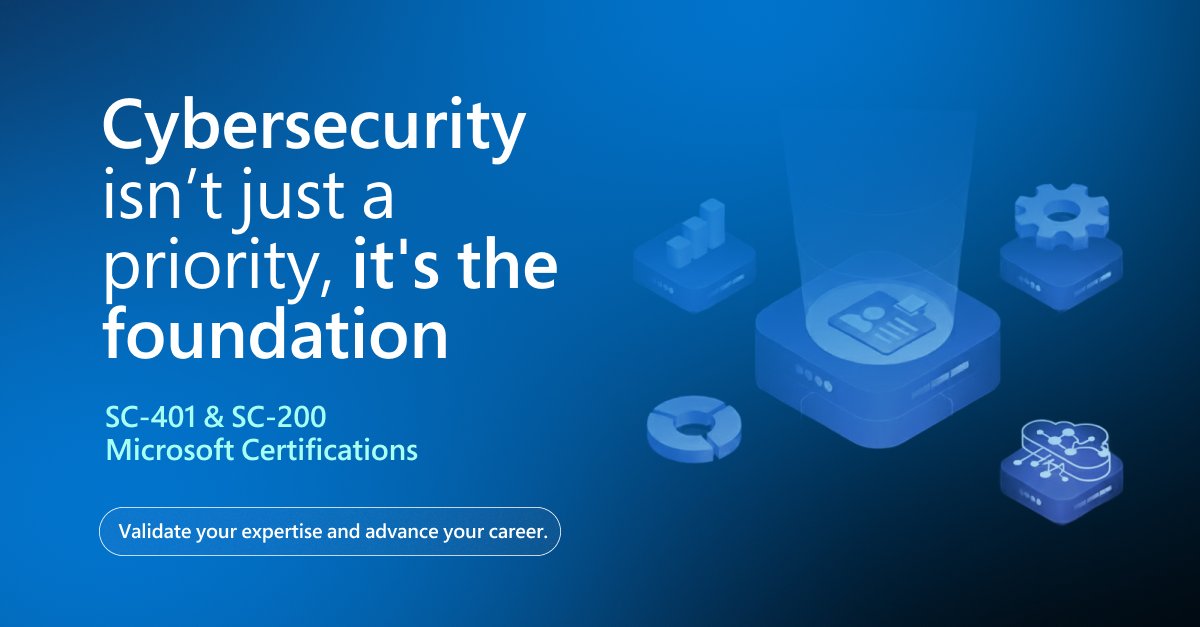 MicrosoftLearn's tweet image. Cybersecurity isn’t optional in an AI-powered world, it’s foundational. 🛡️
SC-401: Microsoft Certified: Information Security Administrator Associate: msft.it/6014shb9o
SC 200: Microsoft Certified: Security Operations Analyst Associate: msft.it/6015shb9U