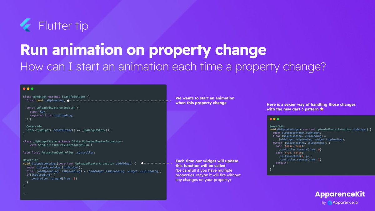 mcflyDev's tweet image. 🧐 Flutter tips
How to automatically restart an animation when a property change
#flutterdev #fluttertips