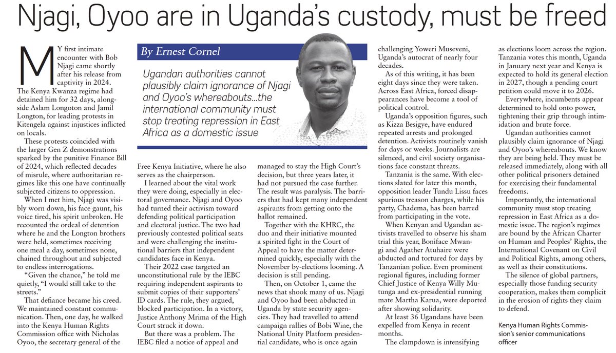 We know that the Ugandan regime is detaining Bob Njagi and Nicholas Oyoo. We demand their immediate release. Furthermore, the silence of global partners, especially those funding security cooperation, makes them complicit in the erosion of rights they claim to protect.