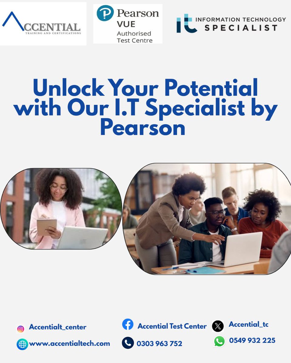 Accential_TC's tweet image. Unlock Your Potential!
Join us at Accential Test Center and elevate your skills with our certified I.T. Specialist program by Pearson.
0303 963 752 / 0549 932 225 to get 
#Accential #itspecialist #Pearson #UnlockYourPotential #internationalcertification #accentialtech #Register.